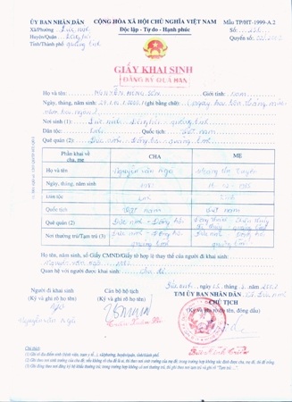 Mẹ cầu thủ Nguyễn Hồng Sơn: “Con tôi sinh năm 2000” - 3 ...đến Giấy khai sinh