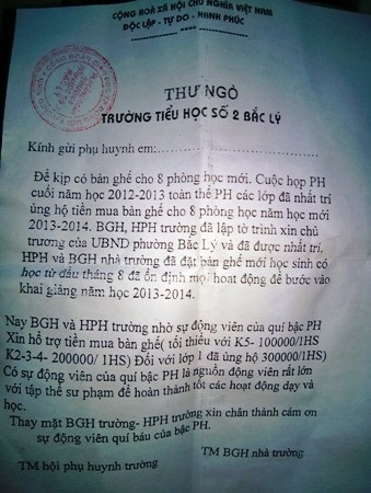 Quảng Bình: Làm rõ việc trường gửi thư ngỏ “xin” tiền phụ huynh đóng bàn ghế - 1 Dù là thư ngỏ xin tiền mua bàn ghế nhưng lại ghi rõ mức thu đối với từng lớp.