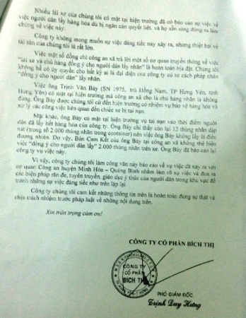 Đơn đề nghị làm rõ vụ việc của Công ty CP Bích Thị gửi Cơ quan Công an huyện Minh Hóa