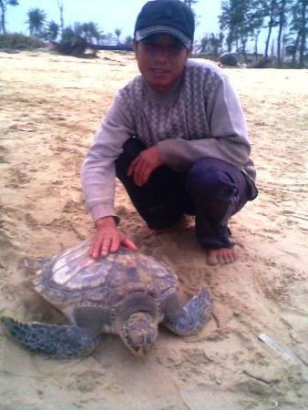 Ngư dân Hồ Văn Năm bên cá thể rùa biển kỳ lạ