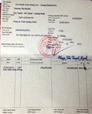 Số tiền trên được lập một sổ tiết kiệm trị giá 100 triệu đồng đứng tên em Trương Thị Huyền