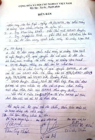 Biên bản cam kết giữa lãnh đạo nhà máy, chính quyền địa phương và người dân.