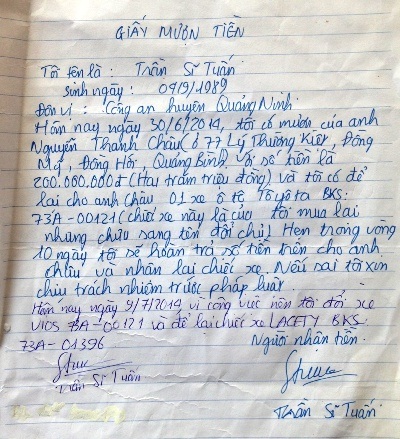 Giấy vay mượn tiền của Trần Sĩ Tuấn