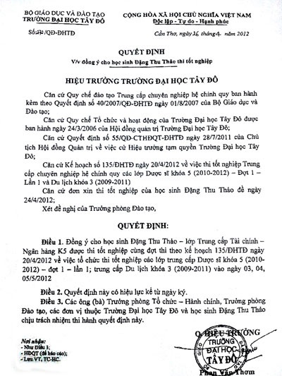 Hoa hậu Đặng Thu Thảo đúng là sinh viên ĐH Tây Đô - 3 Hoa hậu Thu Thảo được chứng minh đang là sinh viên trường Đại học Tây Đô, TP. Cần Thơ