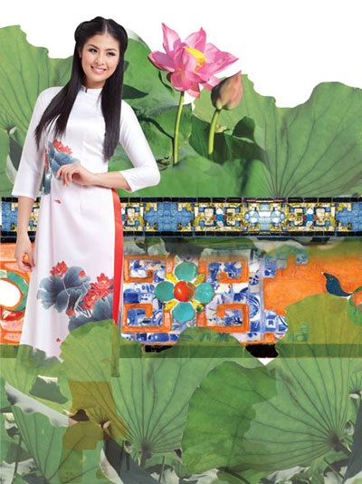 Hoa hậu Ngọc Hân trong BST áo dài sen hồng tại Festival Huế năm 2012