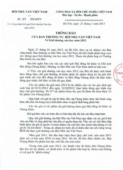 Hội Nhà văn phủ nhận việc bỏ “phiếu trắng” cho tác phẩm của Y Ban - 2 Thông báo được đăng tải trên trang web của Hội tối nay, ngày 21/1