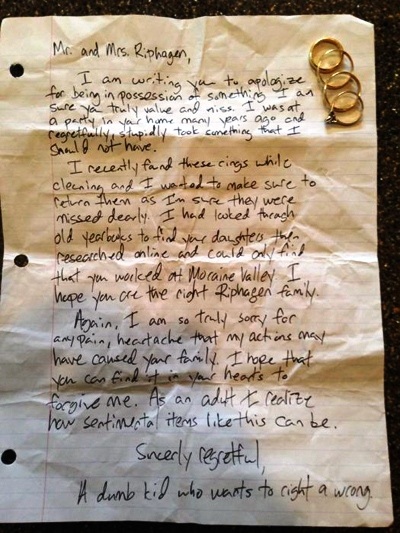 Bức thư tạ lỗi cùng với 4 nhẫn vàng được kẻ trộm trả lại sau 15 đánh cắp
