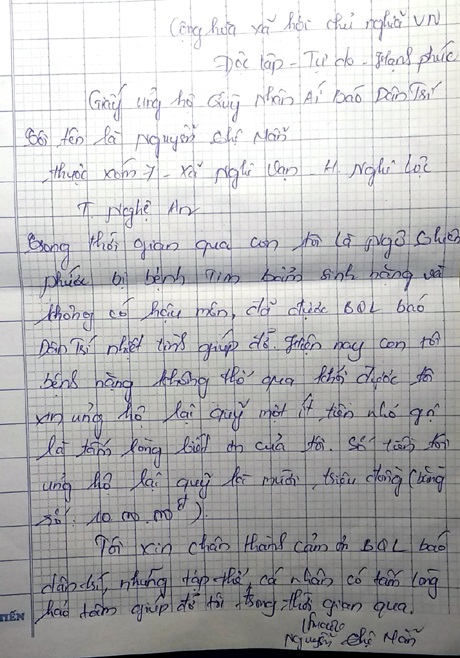 Giấy ủng hộ 10 triệu đồng cho Quỹ Nhân ái của báo Dân trí được chị Mẫn ghi rõ.