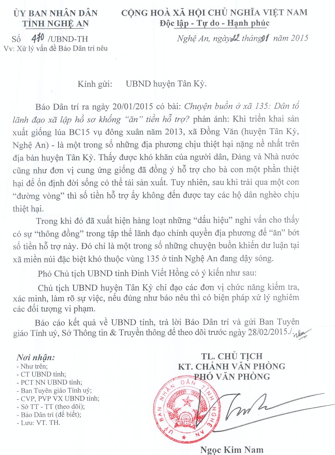 UBND tỉnh Nghệ An chỉ đạo xử lý vụ cán bộ câu kết chiếm đoạt tiền hỗ trợ mất mùa của dân - 1 Công văn của UBND tỉnh Nghệ An gửi chỉ đạo UBND huyện Tân Kỳ xử lý vấn đề báo Dân trí nêu.