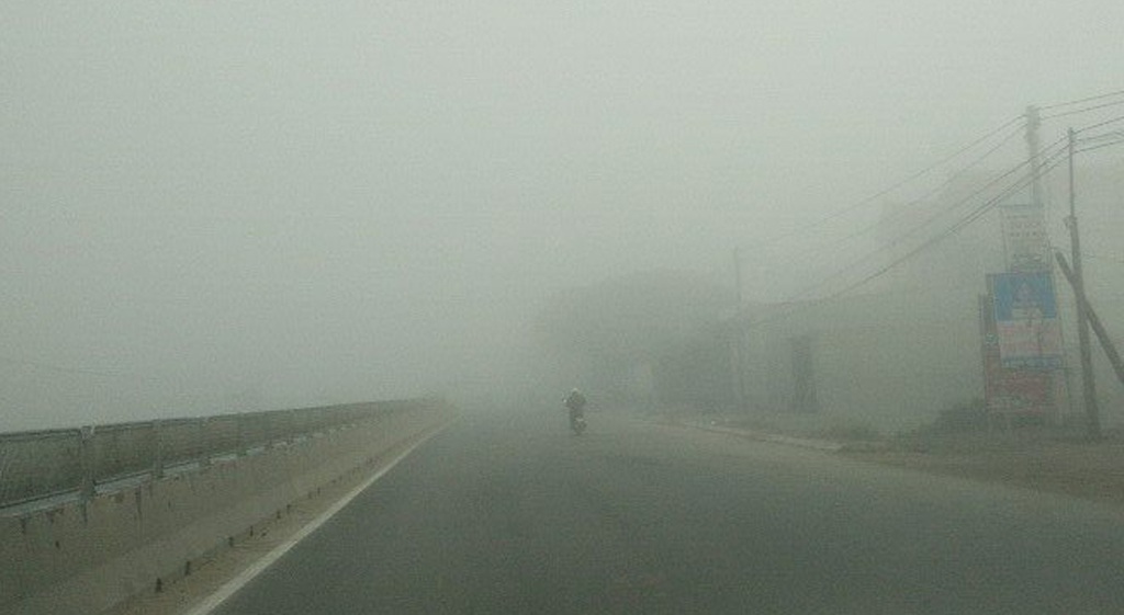 Nhiều ô tô phải bò nối đuôi nhau đi chậm trong làn sương sớm.