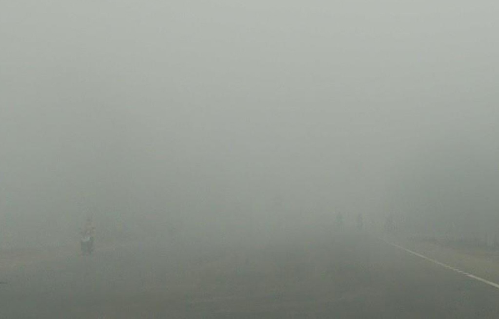 Nhiều ô tô phải bò nối đuôi nhau đi chậm trong làn sương sớm.