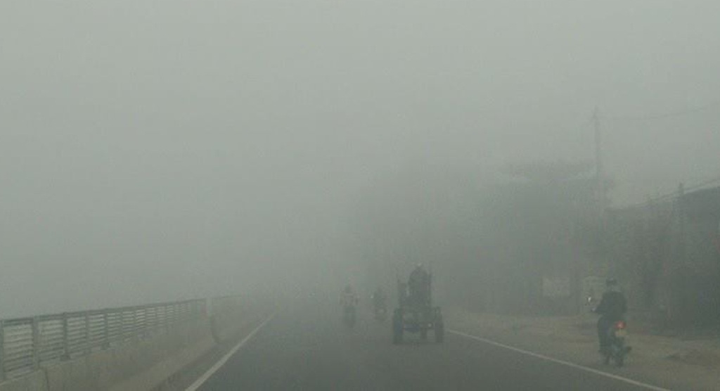 Nhiều ô tô phải bò nối đuôi nhau đi chậm trong làn sương sớm.