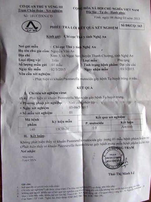 Kết quả xét nghiệm là tụ huyết trùng.