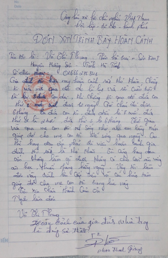 Đơn trình bày hoàn cảnh của gia đình chị Nhung.