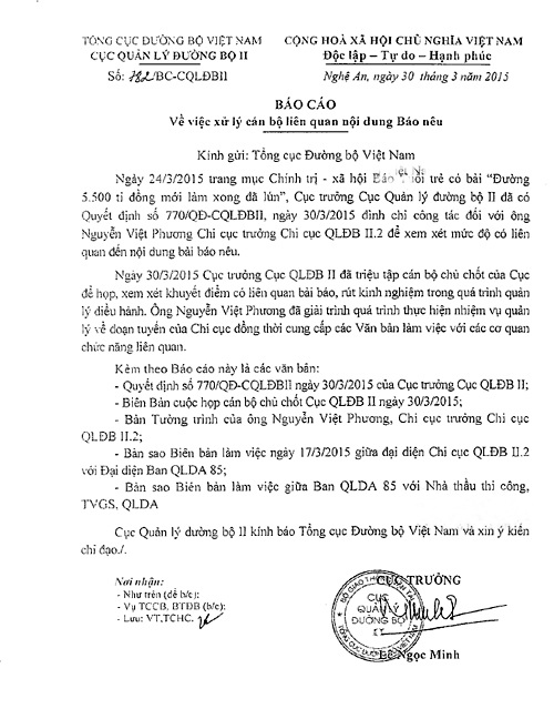 Báo cáo xử lý cán bộ của Cục Quản lý đường bộ II.