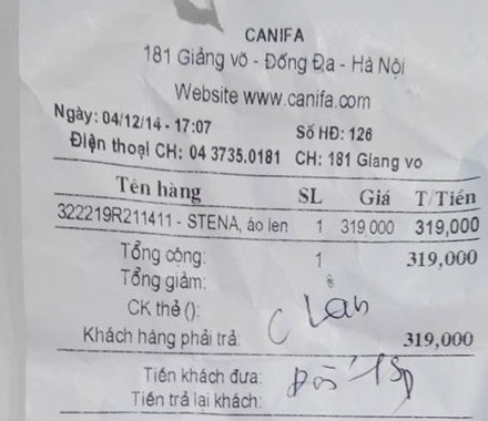 Theo hóa đơn đối tượng mua hàng để lại tại cửa hàng Canifa, đối tượng có tên là Lan