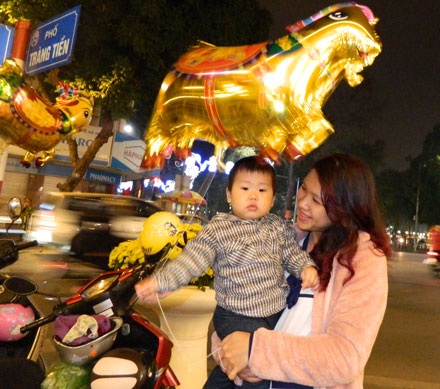 Cháu bé cùng mẹ đi du xuân sớm.