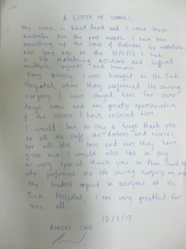 Hà Tĩnh: Bệnh nhân nước ngoài viết thư cám ơn bác sĩ - 3 Bức thư gửi lời cám ơn của Robert