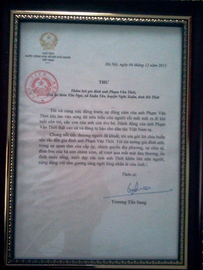 Thư khen của Chủ tịch nước gửi đến gia đình anh Phạm Văn Thời