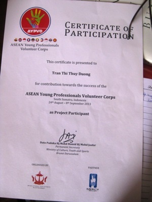 Giấy chứng nhận tham gia TNV của Thùy Dương