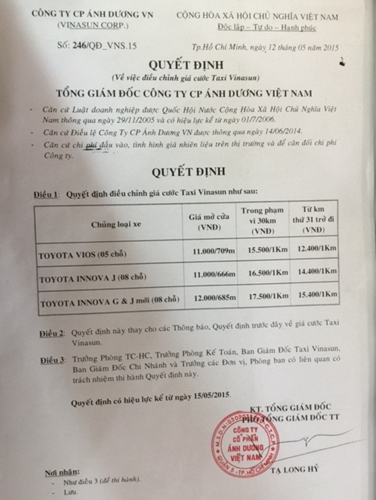 Chi tiết mức giá mở cửa, trong phạm
vi 30km và từ km thứ 31 trở lên của Taxi Vinasun