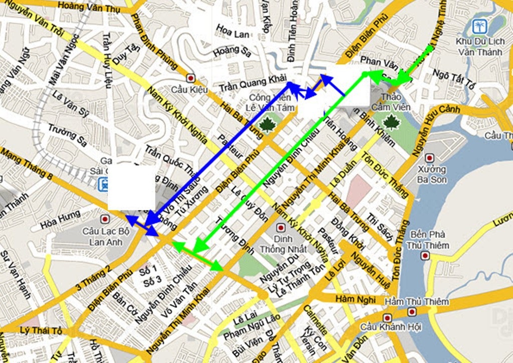 Hướng đi từ quận Bình Thạnh về quận
10 và quận 5 (lộ trình 1 màu xanh lá)