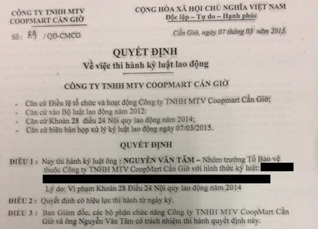 Co.opMart Cần Giờ đã kỷ luật bảo vệ đánh người - 1 Quyết định kỷ luật đối với bảo vệ đánh người