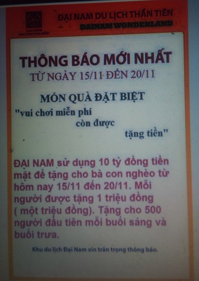 Điều tra người mạo danh ông chủ Đại Nam hứa tặng du khách 10 tỷ đồng - 1 Thông báo mạo danh Khu du lịch Đại Nam.