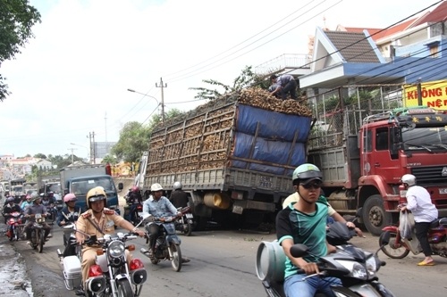 Chiếc xe tải chở đầy ắp sắn gãy nhíp, sập cầu.