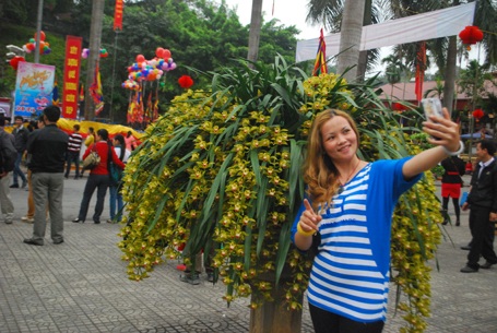 Du khách thích thú tạo dáng bên hoa.