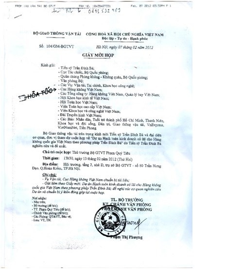 Ông Trần Đình Bá: "Bộ GTVT lẽ ra phải cảm ơn tôi" (!) - 1 Ông Trần Đình Bá cung cấp công văn mời họp của Bộ GTVT mời ông với học vị Tiến sỹ.