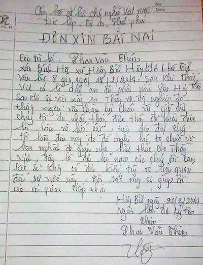 Đơn bãi nại từ phía gia đình em Phan Văn Chung