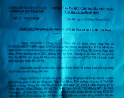 Công an xã Thái Mỹ xử phạt vi phạm hành chính đúng quy định - 1 Công văn Công an xã Thái Mỹ trả lời khiếu nại của bà Như