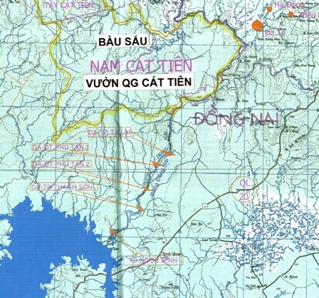 Bản đồ vị trí 5 dự án thủy điện Tà Lài 1, Phú Tân 1, Phú Tân 2, Thanh Sơn và Ngọc Định