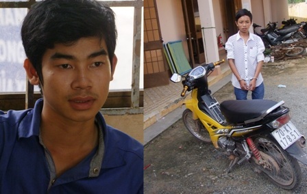 Vương (trái) và Cảnh (phải) cùng chiếc xe dùng để cướp giật tài sản