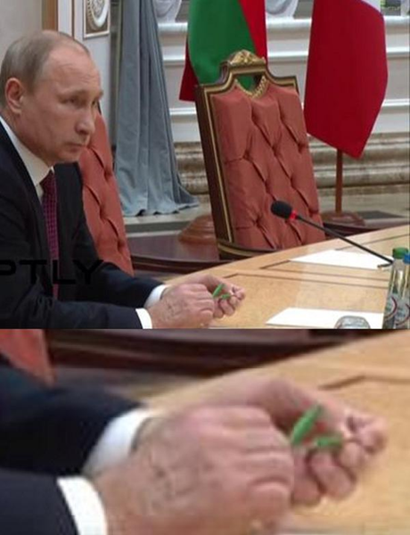 Ông Putin trong hội nghị ngày 11/2 còn bẻ đôi cây bút chì trong tay. (Ảnh: