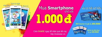 Mua Smartphone chỉ với 1.000 đồng - 1 Chỉ cần trở thành Fan trên Facebook của Mobiistar người dùng có cơ hội mua sản phẩm giá 1.000 đ.