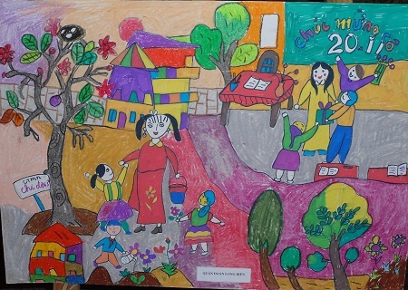 Tranh của các em thiếu nhi tại triển lãm.