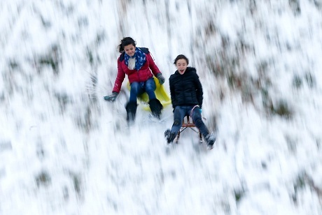 Bỉ: Các em nhỏ ngồi xe trượt tuyết và trượt từ trên đỉnh đồi xuống.