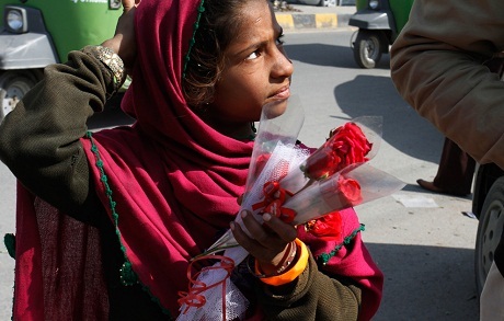 Một cô bé Pakistan bán hoa hồng trên đường phố Lahore.