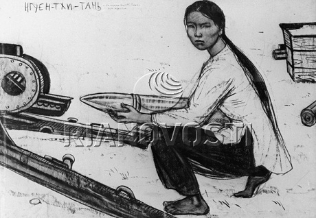 Việt Nam trong những bức ký họa của họa sĩ Nga - 11 Một cô dân quân sống tại thị trấn miền biển