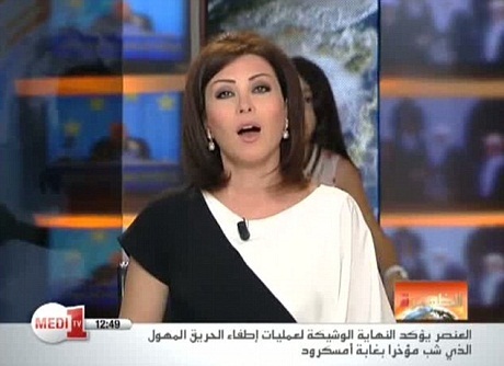 Sự cố "ngoài tưởng tượng" của truyền hình Morocco - 3 Khi Lena đang đọc bản tin thì con gái của cô xuất hiện phía hậu cảnh và lọt vào khung hình.