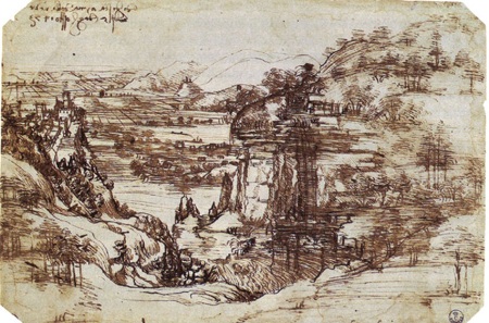 Sự thật thú vị về danh họa Leonardo Da Vinci - 4 Bức họa sớm nhất của Leonardo, Thung lũng Arno (1473).