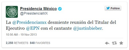 Justin Bieber nói dối rằng đã được gặp Tổng thống Mexico - 3 Dòng trạng thái của Tổng thống Mexico, trong đó ông phủ nhận việc đã gặp gỡ Justin Bieber.