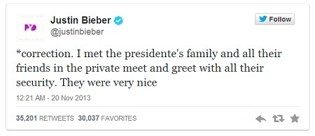 Justin Bieber nói dối rằng đã được gặp Tổng thống Mexico - 4 Dòng trạng thái của Tổng thống Mexico, trong đó ông phủ nhận việc đã gặp gỡ Justin Bieber.