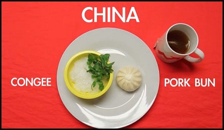 Người Trung Quốc thường ăn cháo, bánh bao và uống trà vào buổi sáng.