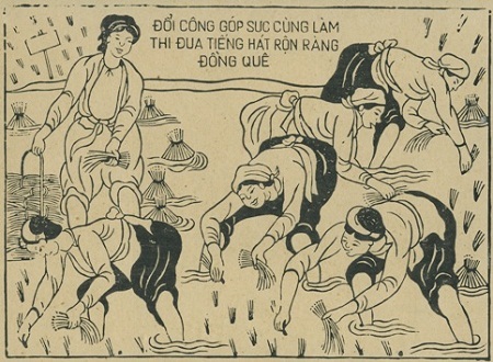 Xem người Việt nhảy đầm trong tranh dân gian - 3 Đi cấy đổi công. Tranh dân gian Đông Hồ, khoảng 1952, 1953