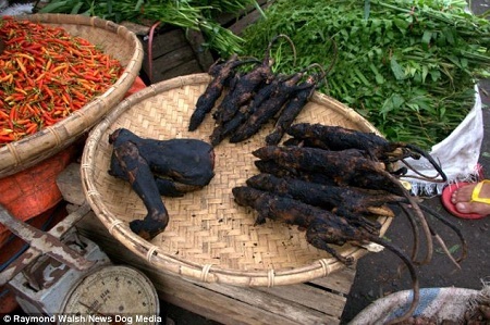 Một mẹt bày bán thịt đã qua sơ chế, có thể thấy ở đây cả những con chuột nướng.