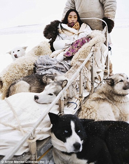 Một người mẫu Nhật co ro trong chiếc xe kéo phủ đầy chăn. Cô đang chụp hình ở Alaska.