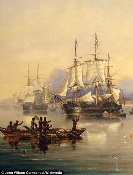 Hai con tàu HMS Terror và HMS Erebus được khắc họa trong một bức tranh.